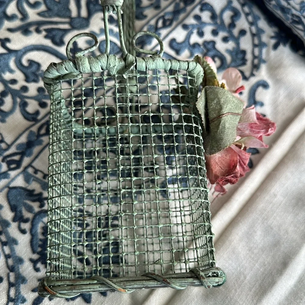 Lovely sage green wired basket w pink roses wrapped handle very Romantic piece